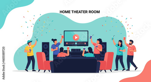 Energetic Movie Night Celebration with Friends in Home Entertainment Space