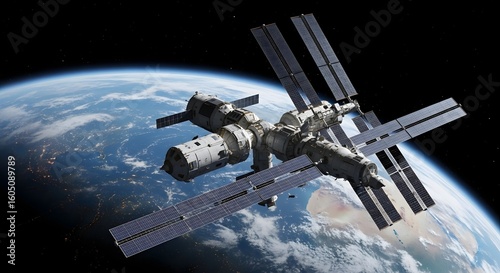A detailed view of the international space station orbiting above the earth with solar panels visible
