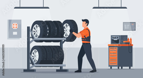 Automotive Technician Handling Tires In A Garage For Tire Service Illustration