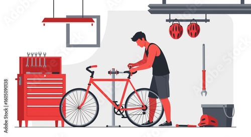 Cyclist Repairing His Bike At Home Repair Shop, Hobby And Sport Concept