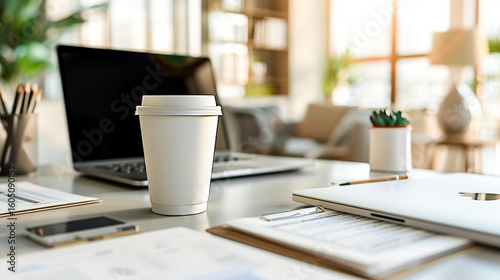 Mock up paper coffee cup with cup holder on a wooden table nearby scattered documents and an open laptop as morning light fills the office. Copy space.