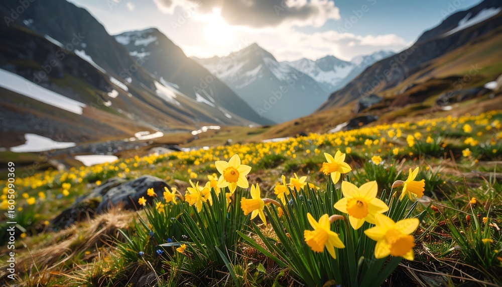 Fototapeta premium Daffodils bloom in valley with mountains