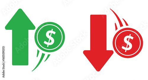 Dynamic financial growth and decline icons representing market trends, investment success, and economic volatility for business presentations and reports