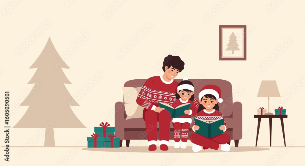 Naklejka premium Dad Reads Holiday Stories To His Children In Their Christmas Decorated Living Room