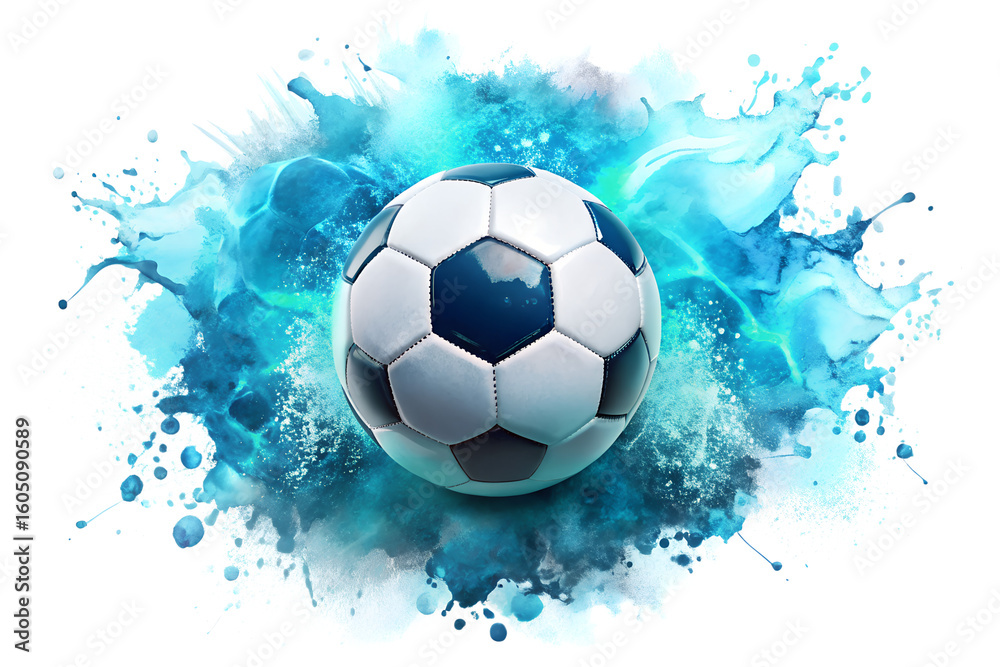 Naklejka premium A soccer ball emerges from a dynamic blue water splash representing energy and explosive action in the sport isolated on transparent background