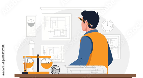 Engineer Contemplating Blueprints For New Architectural Project Design Ideas