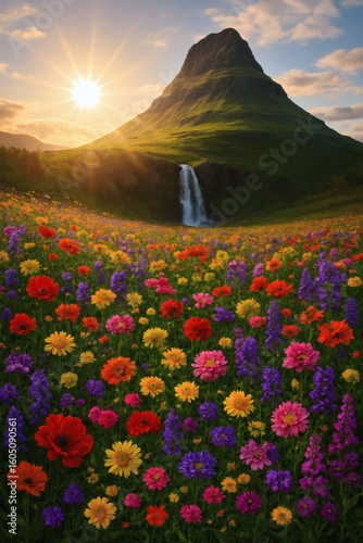 A colorful flower field beneath a glowing mountain in a fantasy landscape, filled with magical lights and glowing plants.

