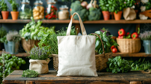 A blank white canvas tote bag stands out on a weathered wooden surface, showcasing an abundance of vibrant, fresh vegetables and herbs in the background at a lively eco-market.