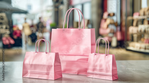 Pink paper bags are arranged elegantly against a blurred background of a lively cosmetics store, inviting shoppers to indulge in beauty essentials and gifts.