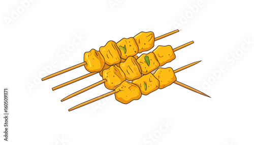 Four cartoon skewers of golden yellow marinated chicken tikka or satay kebabs.