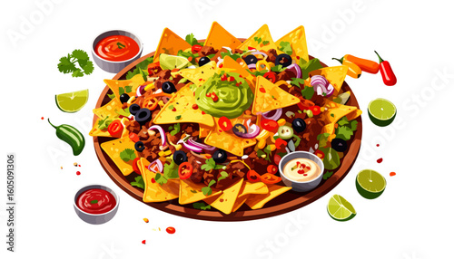 A vibrant platter of loaded nachos with guacamole, ground beef, olives, and fresh chili peppers.