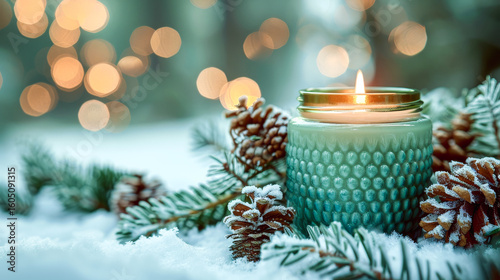 Mock up scented candle in green glass jar near snowy fir branches with pinecones, as golden sunlight filters through a winter wonderland, creating a cozy, serene atmosphere. Copy space