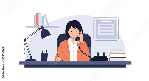 Dedicated Corporate Employee Engaged In A Telephone Conversation At Workplace