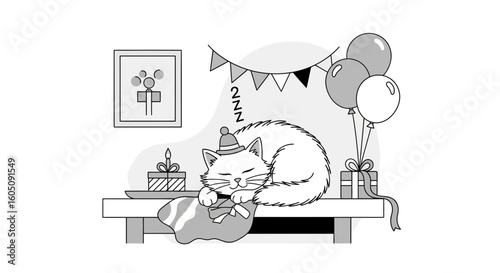 Birthday Nap Cute Cat Taking A Cozy Sleep Party Celebration