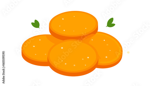 Stack of round golden-orange fried patties with white specks and green garnish.