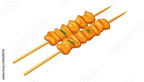 Two golden-brown grilled chicken skewers with green herbs, cartoon style illustration.