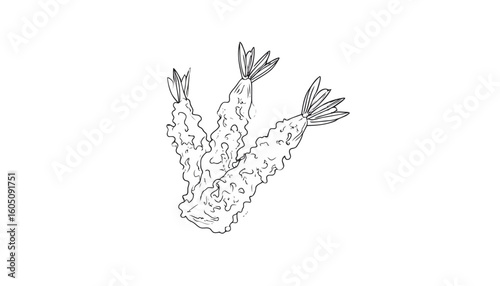 Minimalist line art illustration of three crispy shrimp tempura with fanned tails.