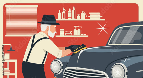 Classic Car Maintenance Old Man Detailing Vehicle at Home Garage Scene