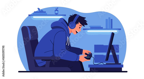 Dedicated Gamer Immersed In A Virtual World At His Cozy Home Setup
