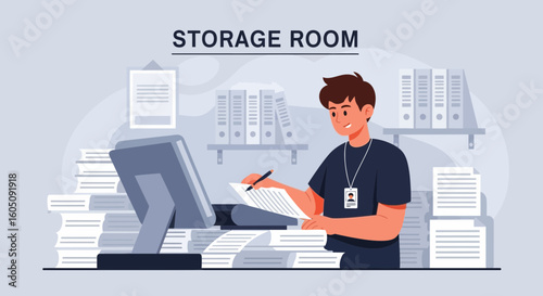 Clerk Working In Document Storage Room Using A Computer For Data Entry