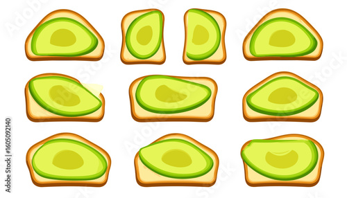 A collection of cartoon-style avocado toasts with vibrant green avocado slices on toasted bread, shown in various shapes and angles.