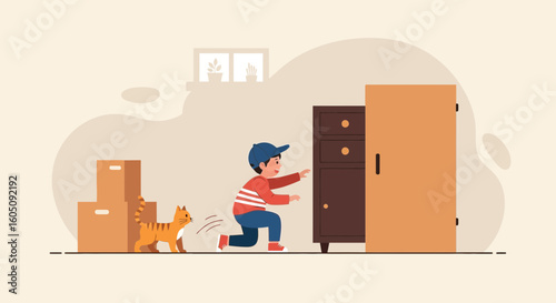 Boy And Cat Playing Hide And Seek With Furniture Inside A Home