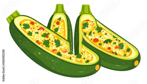 Vibrant illustrated stuffed zucchini boats with a couscous, tomato, and fresh herb filling.