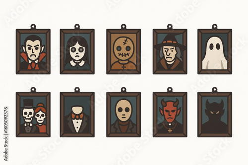Set of Creepy Halloween Framed Portrait Icons in Flat Vector Style