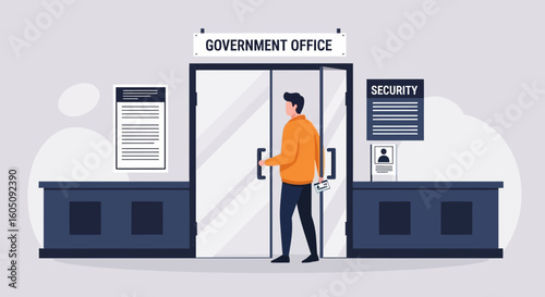 Entering Government Office Building With Security And Information Posters