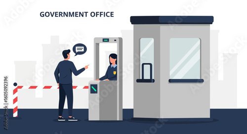Entering Government Building Security Checkpoint With Officer And Metal Detector