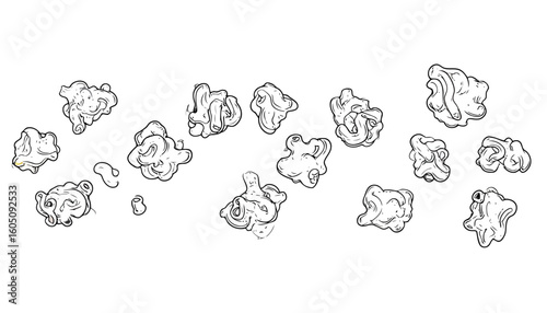 Scattered popcorn kernels in a bold, black and white line art illustration.