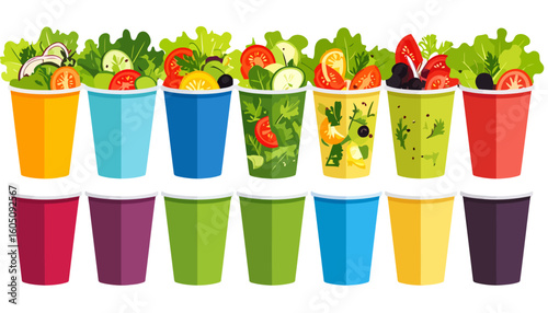 Colorful collection of take-out salad cups and empty containers in a flat design style.