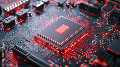 A close-up of a modern circuit board featuring intricate designs and glowing red accents.
