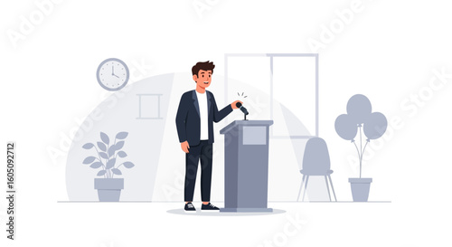 Confident Speaker Delivering Eloquent Speech At A Podium At A Bright Room