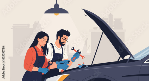 Dedicated Mechanics Couple Repairing a Vehicle in Auto Repair Shop