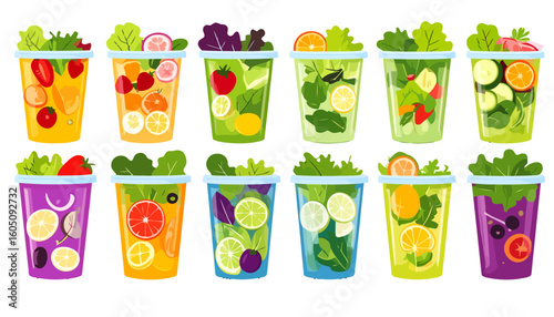 A vibrant collection of fresh vegetable and fruit salads in colorful, transparent to-go cups, showcasing healthy meal options.