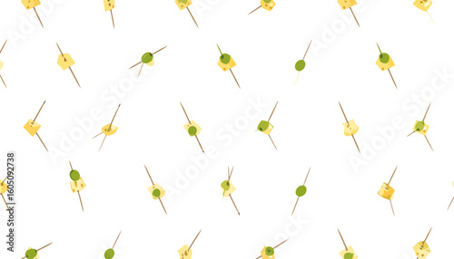 Illustrated seamless pattern of cheese cubes and green olives on wooden toothpicks.