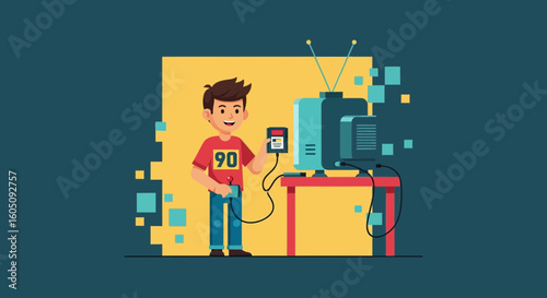 Enthusiastic Boy Playing Console Game On Old Television Vector Illustration