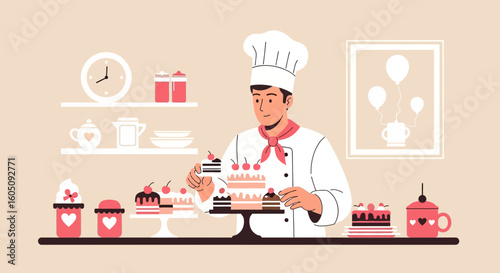 Dedicated Pastry Chef Assembling a Multi Layered Cherry Cake in Cozy Bakery