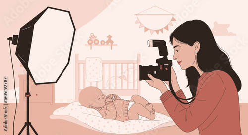 Dedicated Photographer Capturing Precious Newborn Moments In A Serene Nursery Setting