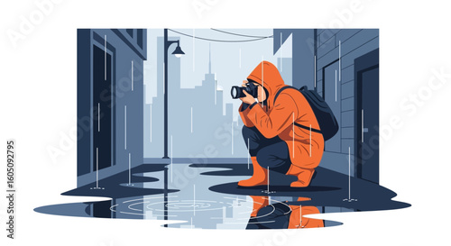 Dedicated Photographer Capturing Urban Scenery Amidst The Rain Shower