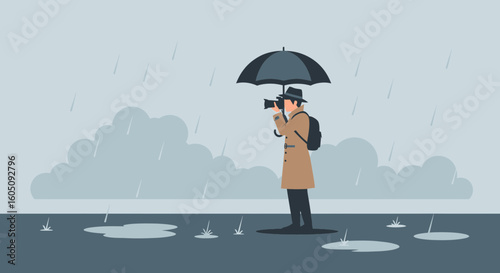 Dedicated Photographer Capturing the Moment During a Rainy Day Outdoors