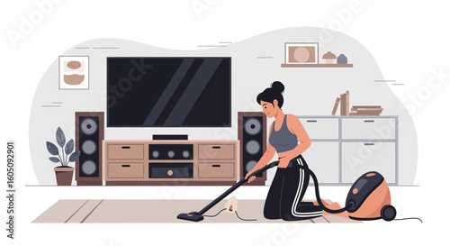 Dedicated Woman Cleans Living Room With Vacuum For Pristine Home Environment