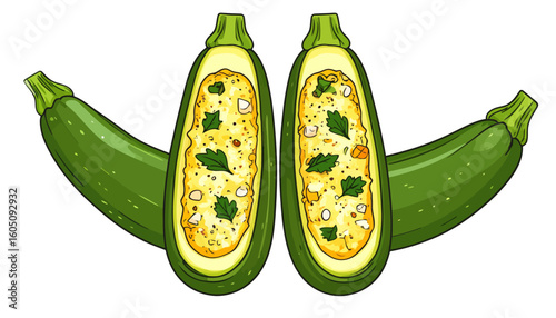 Illustrated stuffed zucchini boats, halved and filled with a savory grain and herb mixture.