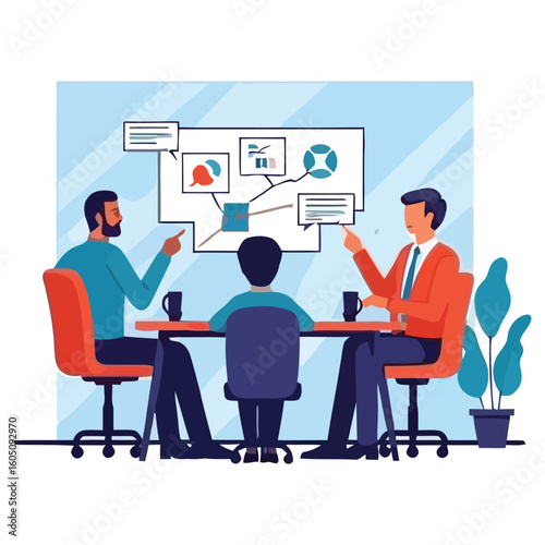 Business people in a modern office meeting, collaborating on a project with laptops and computers, symbolizing teamwork and success