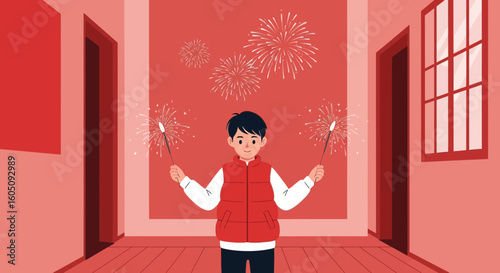 Boy Celebrates Lunar New Year With Sparklers And Festive Decorations Indoors