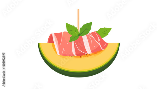 A fresh cantaloupe melon slice with folded prosciutto ham, garnished with basil on a skewer.