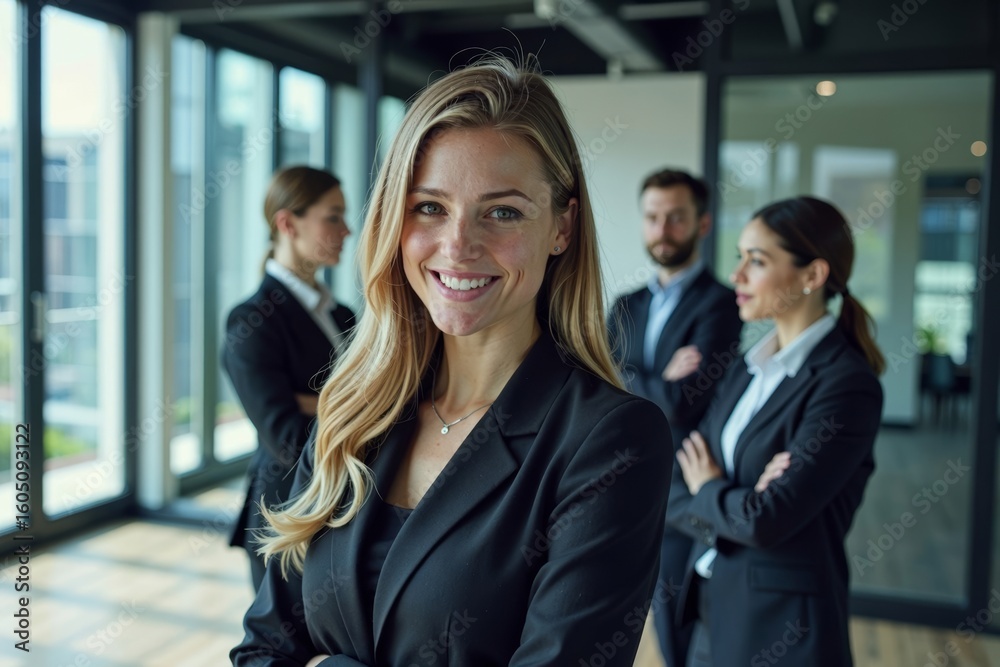 Obraz premium Bird's eye view of corporate recruiters gathering around a woman in a sleek office with glass walls.