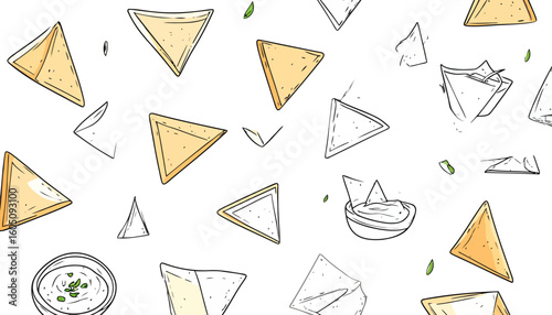 Hand-drawn pattern of yellow tortilla chips and dip, a mix of colored and black and white sketch illustrations.