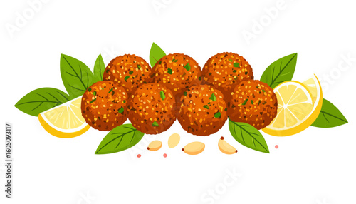 Appetizing arrangement of fried falafel balls with fresh herbs, lemon, and garlic